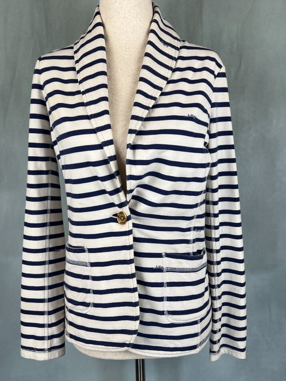 Lilly Pulitzer Nautical White Blue Stripes Blazer Jacket XS Cotton Lilly Logo